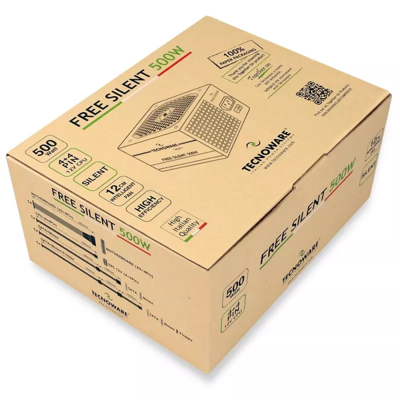 Fuente de alimentación TECNOWARE Free Silent 500 W — ATX, 20+4 pines, ventilador de 120 mm, 86% de eficiencia
