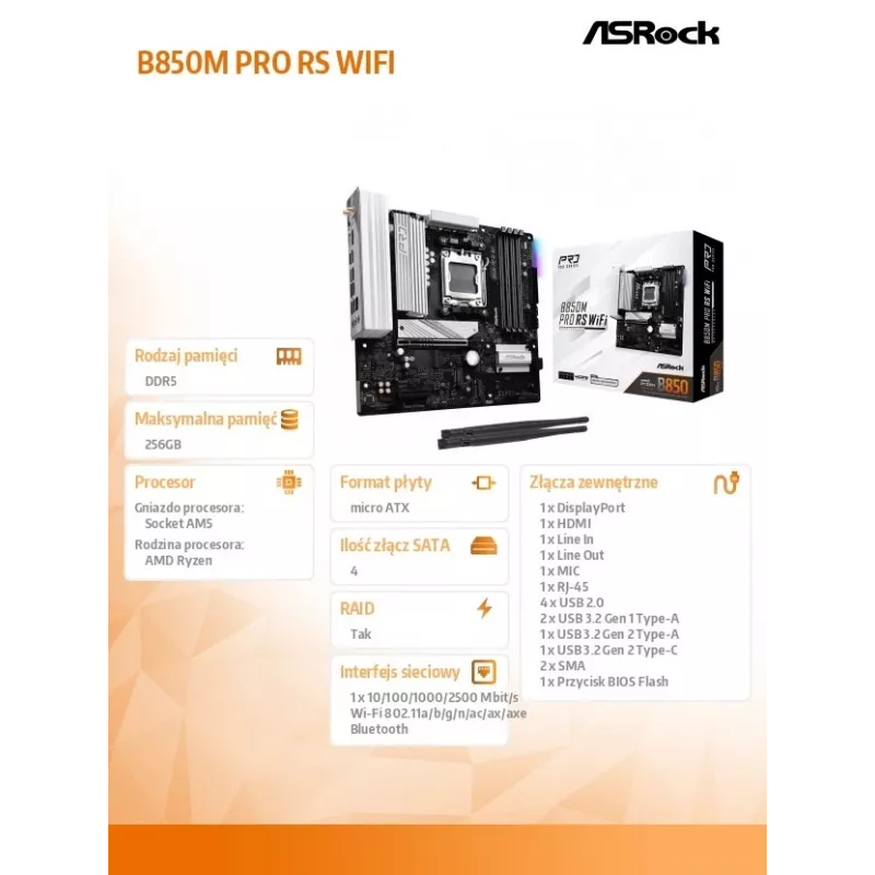 Placa base ASRock B850M Pro RS WiFi — AMD B850, socket AM5, microATX, DDR5, 4 DIMM, 256GB, Wi-Fi 6E, 2.5Gb LAN, 3x M.2