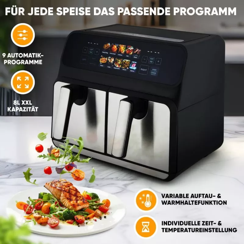 Freidora de aire ProfiCook PC-FR 1287 H — doble 8 L, 2200 W, táctil LED, negro/acero inoxidable