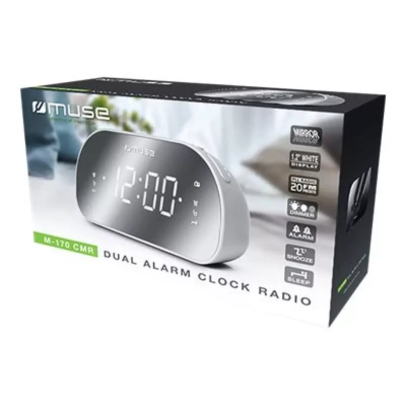 Radio reloj Muse M-170CMR — radio reloj digital, pantalla LED de 1,2 pulgadas, FM, AC 230V, respaldo AAA, espejo/blanco