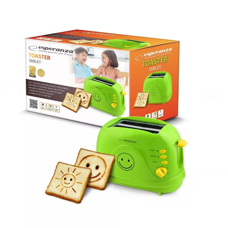 Tostadora eléctrica de mesa ESPERANZA EKT003, 2 rebanadas, 750 W, 7 niveles de tostado, función de descongelación, bandeja recogemigas extraíble, verde