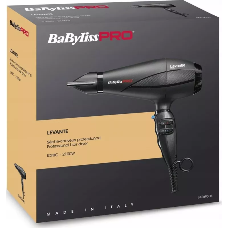 Secador de pelo BaByliss PRO Levante 2100 W, motor AC, iónico, 2 temperaturas/2 velocidades, negro