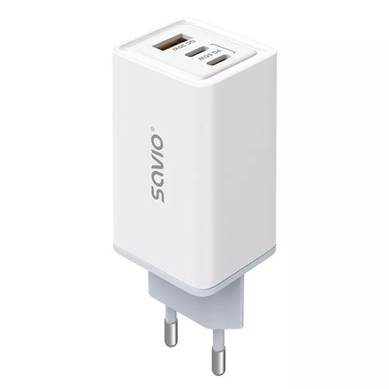 SAVIO LA-07 Fuente de alimentación GaN 65W, USB, QC4.0+, PD 3.0, Blanca