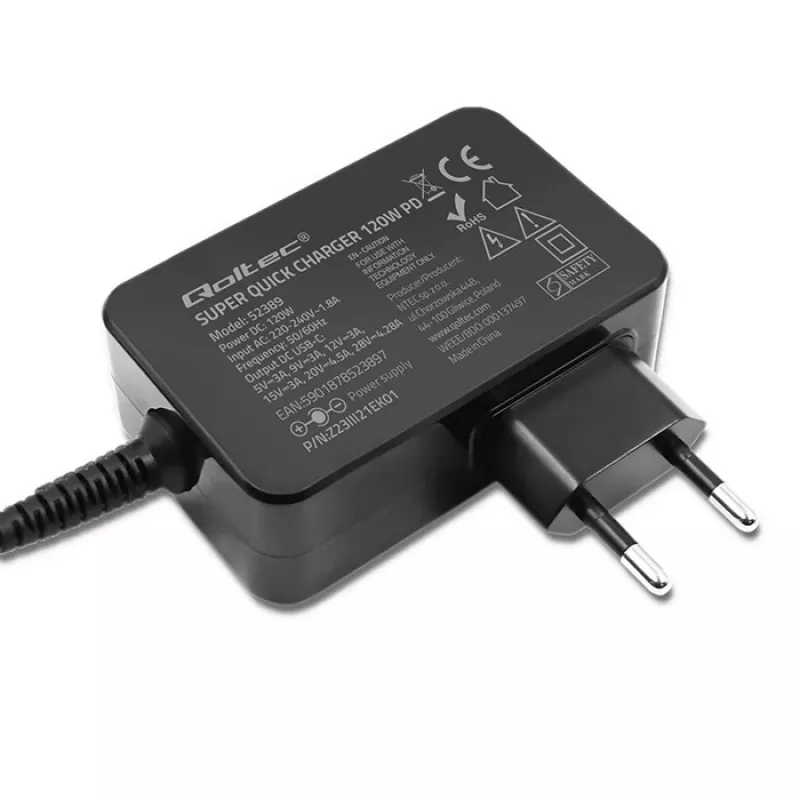 Cargador rápido turbo Qoltec PD 120W | 5-28V | 3-4.5A | USB-C | negro