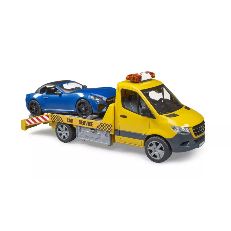 Bruder MB Sprinter transportador de coches con módulo de luz y sonido, naranja/azul, incl. roadster