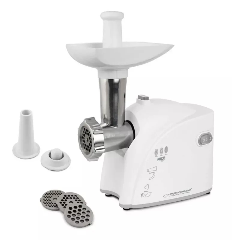 Picadora de carne eléctrica ESPERANZA EKM032 — 2200 W, blanca, 3 discos perforados, accesorios para kibbeh y salchichas