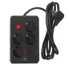 Regleta de enchufes MACLEAN MCE392 B — 4 enchufes, 3×USB, 110–240V, 2,1A, 2500W, cable de 1,5 m, negra