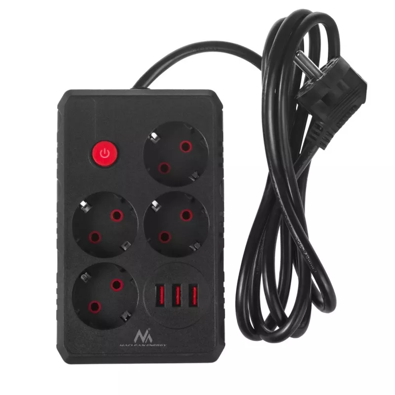 Regleta de enchufes MACLEAN MCE392 B — 4 enchufes, 3×USB, 110–240V, 2,1A, 2500W, cable de 1,5 m, negra