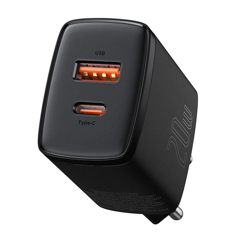 Cargador rápido USB de interior Baseus CCXJ-B01 – 2 puertos (USB-C PD 20W + USB-A QC3.0 18W), 100–240 V, negro