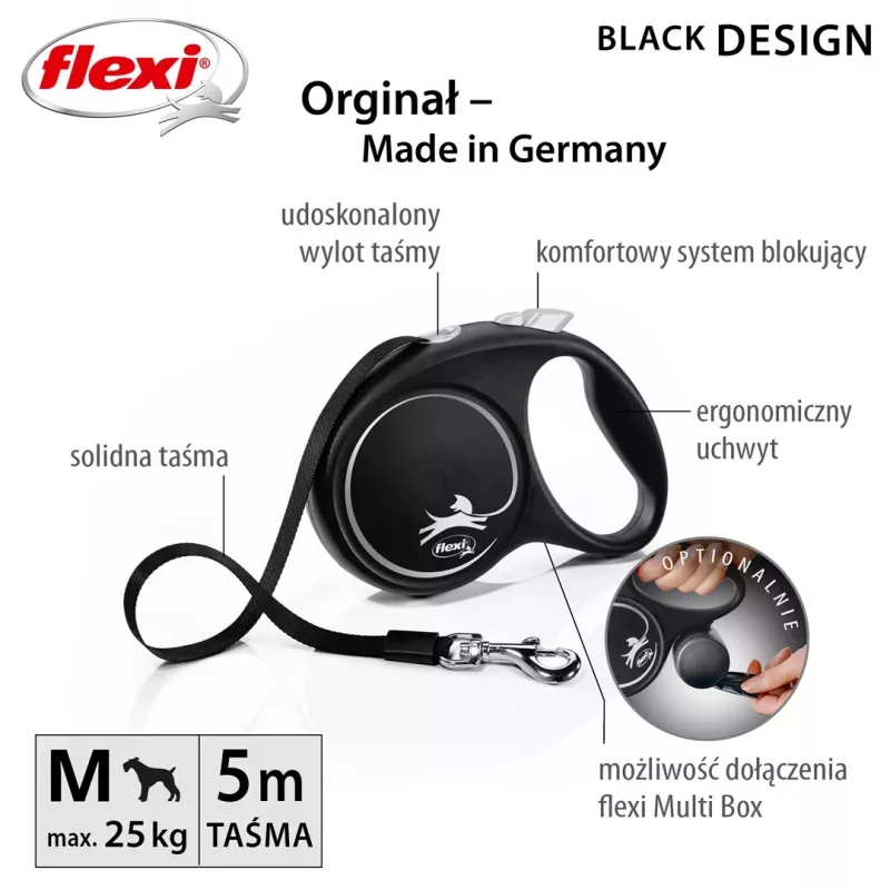 Flexi Black Design M correa extensible para perros, cinta de 5 m, hasta 25 kg