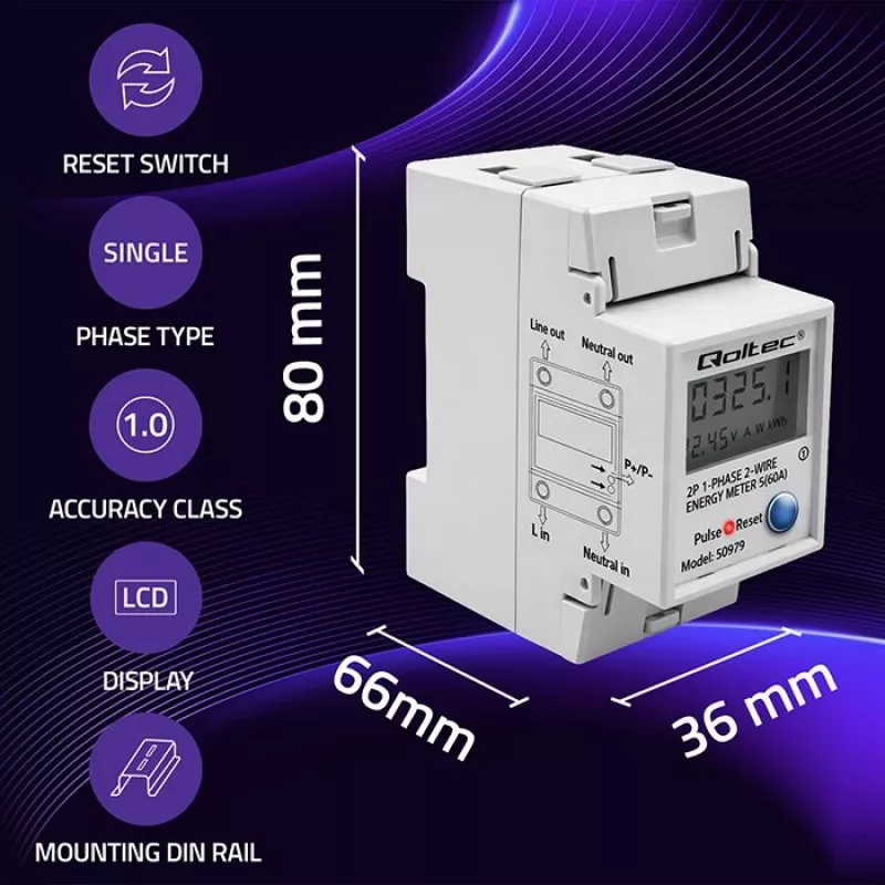 Contador de energía QOLTEC monofásico carril DIN 230V (MPN 50979)