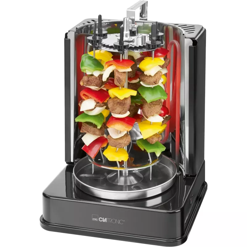 Multigrill eléctrico vertical CLATRONIC DVG 3686, 1400 W, negro, con espetón giratorio y 6 brochetas