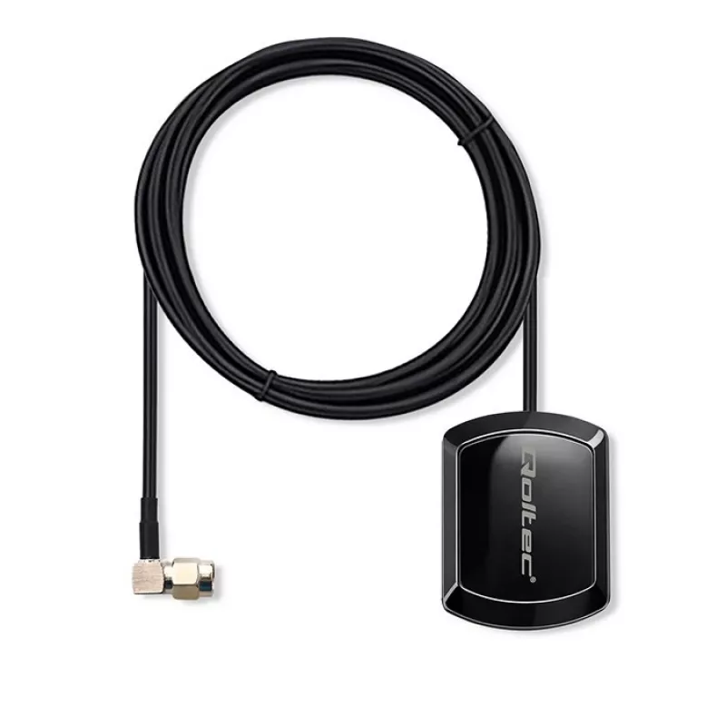 Antena GPS/GLONASS exterior QOLTEC 28 dBi 50 W con conector macho SMA en ángulo recto