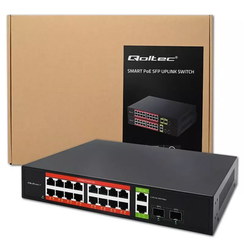 Switch de red QOLTEC 52292 — Gigabit Ethernet PoE, 16x RJ45, 2x RJ45 uplink, 2x SFP