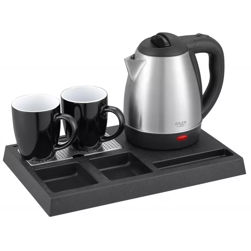Adler AD 1354 hervidor de agua de hotel acero inoxidable 1,2 L + bandeja con tazas negro, acero