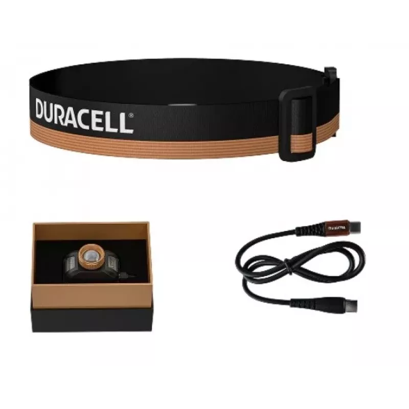 Linterna frontal Duracell DH1500R — negra/naranja, iluminación manos libres recargable