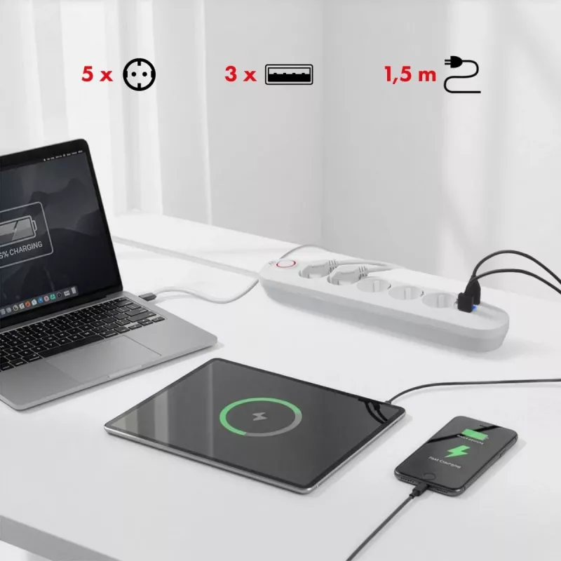 Regleta MACLEAN MCE395 W — 5 tomas de corriente, 3×USB A, 110–240 V AC, 2,1 A USB, máx. 2500 W, blanca, cable de 1,5 m