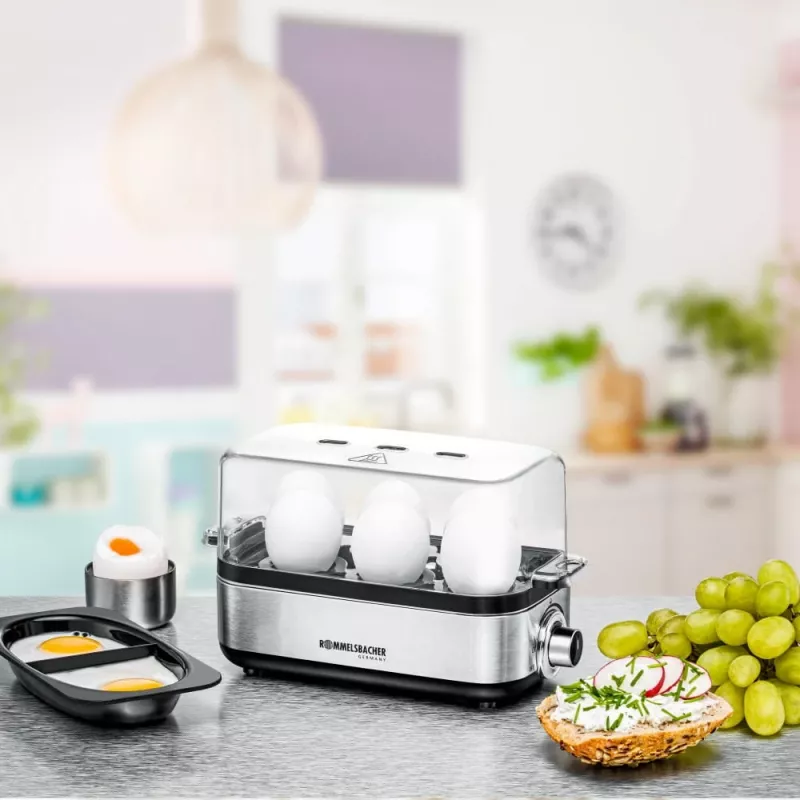 Huevera Rommelsbacher ER 600 — huevera eléctrica, capacidad 6 huevos, 400 W, acero inoxidable, tapa transparente