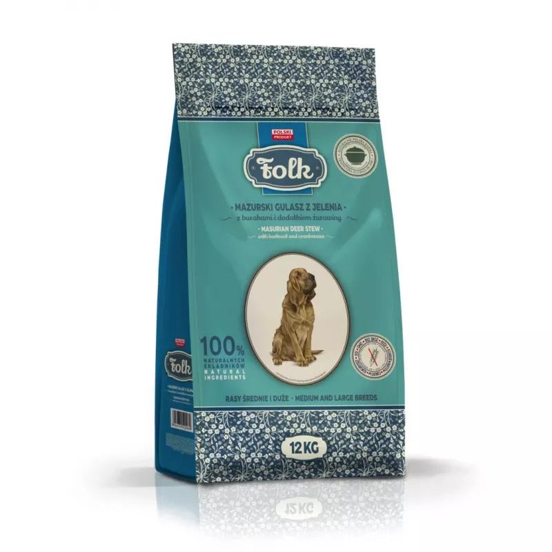 FOLK Razas medianas y grandes Tradicional estofado de caza de Masuria con remolacha y arándanos rojos - Comida seca para perros - 12 kg