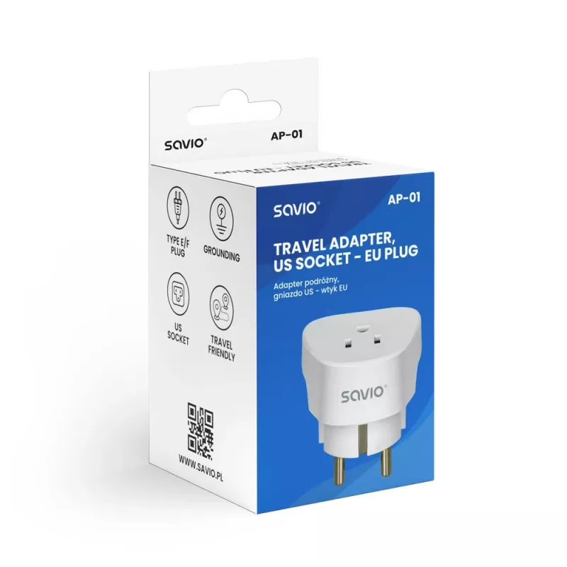 Adaptador de viaje SAVIO AP-01, enchufe US – conector EU