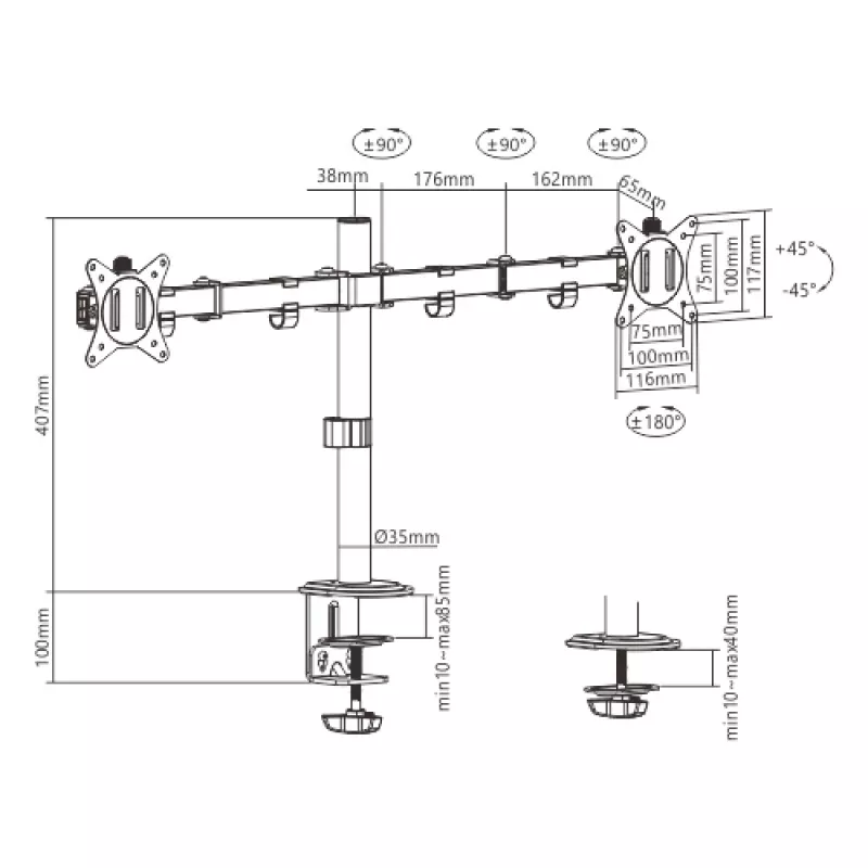 Soporte para monitor Gembird MA-D2-01 para 2 pantallas de hasta 32 pulgadas, VESA 75x75–100x100, pinza, 9 kg, negro
