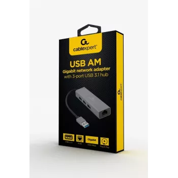 Gembird A-AMU3-LAN-01 adaptador USB-A a Gigabit LAN con hub USB 3.0 de 3 puertos, negro