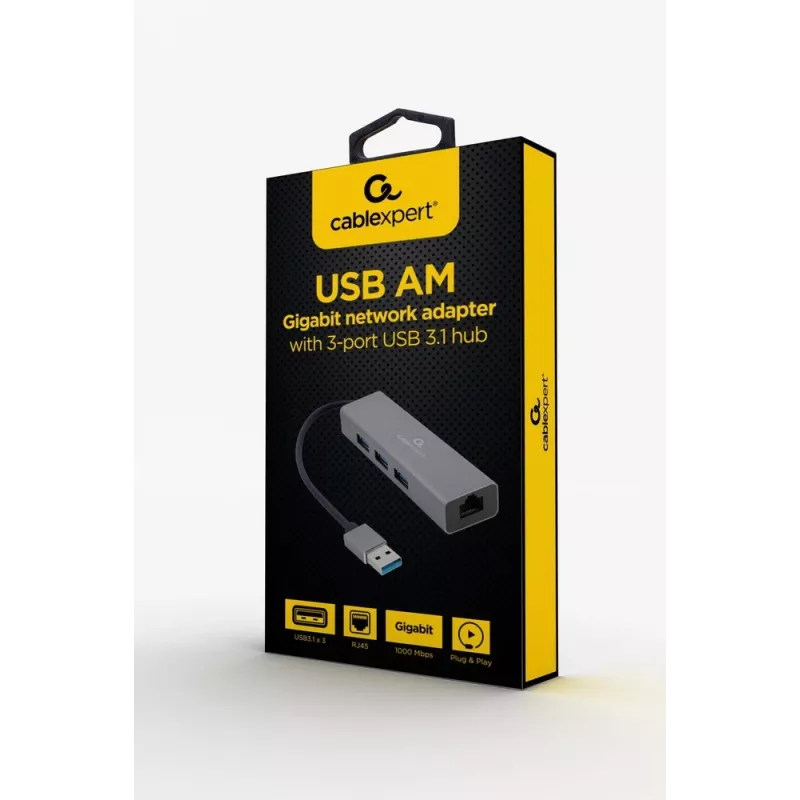 Gembird A-AMU3-LAN-01 adaptador USB-A a Gigabit LAN con hub USB 3.0 de 3 puertos, negro