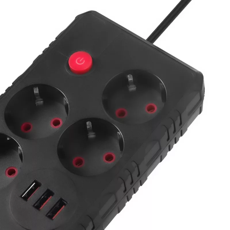 Regleta MACLEAN MCE393 B — 4 tomas de corriente, 3×USB, 110–240 V, 2500 W, cable de 3 m, negra