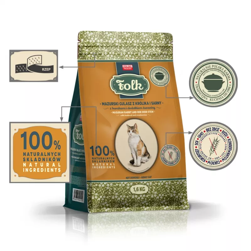 FOLK Estofado de conejo y corzo de Masuria con remolacha y arándanos - Comida seca para gatos - 1,6 kg