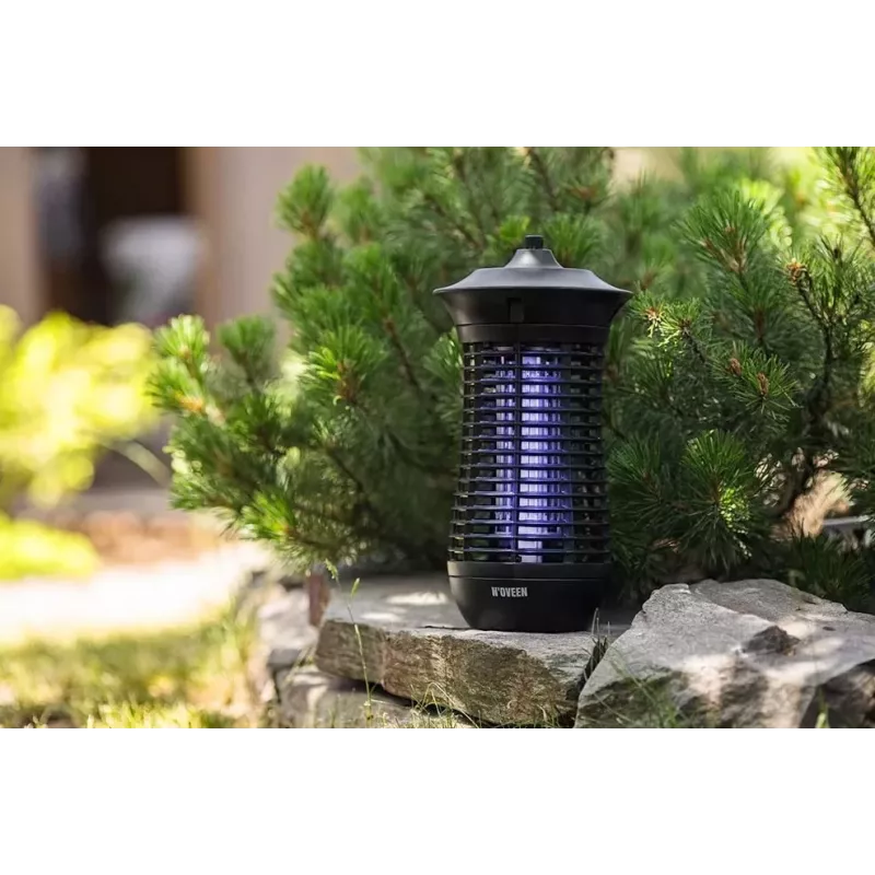 Lámpara eléctrica matainsectos NOVEEN IKN18 IPX4 — tubo UVA de 18 W, cobertura de 100 m², 1700–1800 V, interior/exterior, colgable, metal, negra
