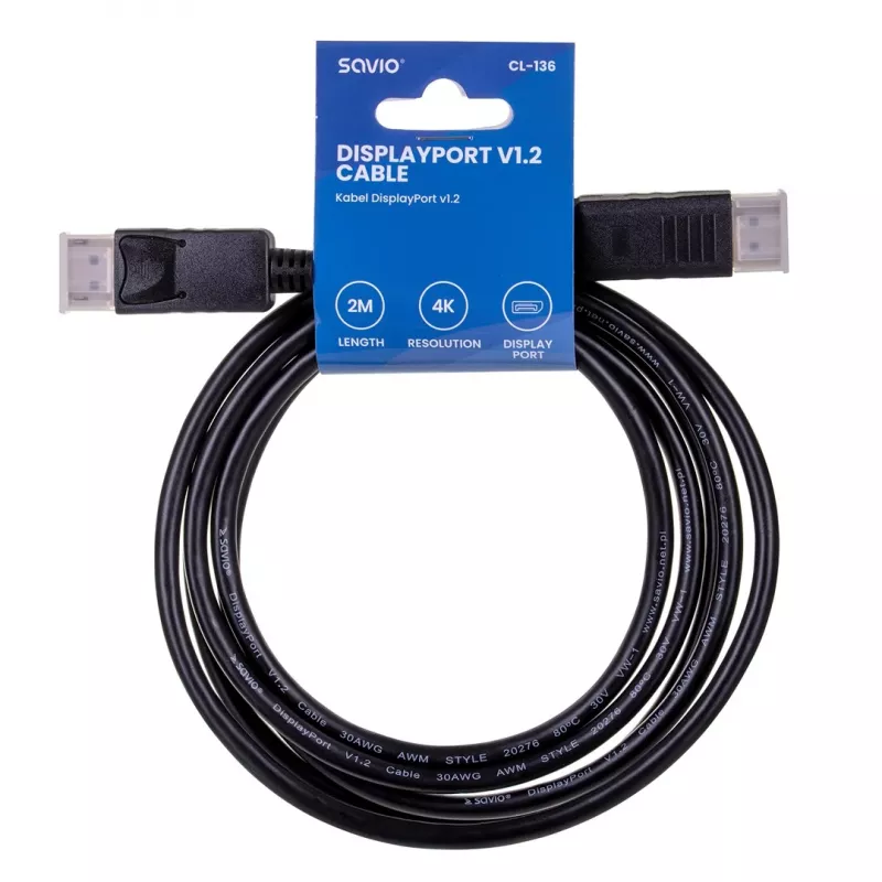 Cable DisplayPort SAVIO CL-136, conector macho-macho DisplayPort, 2 m, DP 1.2, contactos dorados, negro