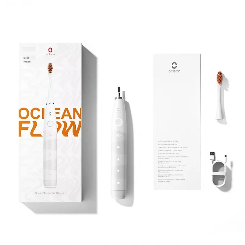 Cepillo de dientes sónico OCLEAN FLOW Adultos — a pilas, modo blanqueamiento, temporizador integrado, velocidad ajustable, 255 mm de altura, blanco, 0,13 kg, 1 mango + 1 cabezal de cepillo