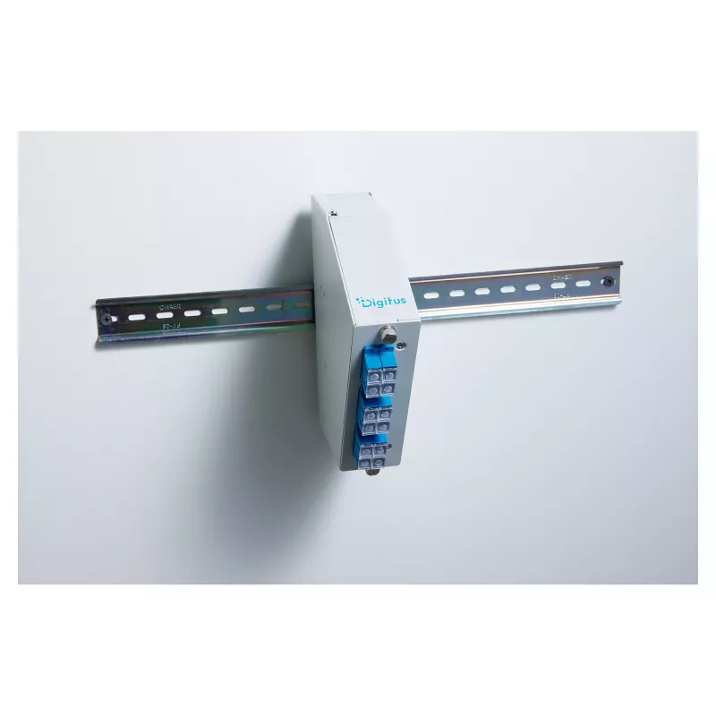 Distribuidor de empalmes de fibra óptica para carril DIN DIGITUS DN-96893 — en ángulo, 6 SC DX / LC Quad, aluminio, gris