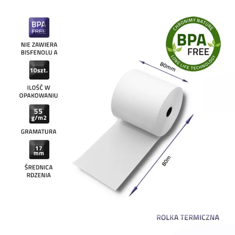 Rollo térmico Qoltec 51892 80 x 80 | 55 g/m² | 10 uds. | sin BPA