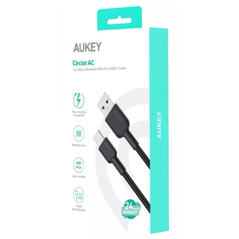 Cable USB-A a USB-C Aukey CB-NAC1, 1 m, nailon trenzado, USB PD 60 W, USB 2.0