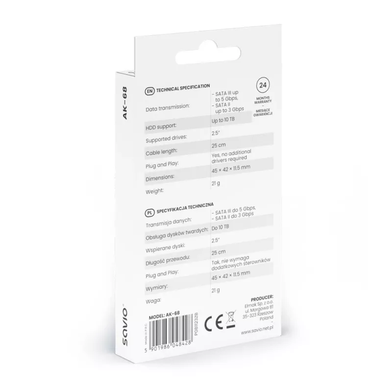 Cable de interfaz SAVIO SATA a USB 3.1 Gen 1 AK-68, conector hembra SATA a conector macho USB-A, 5 Gbit/s, 0,25 m, negro