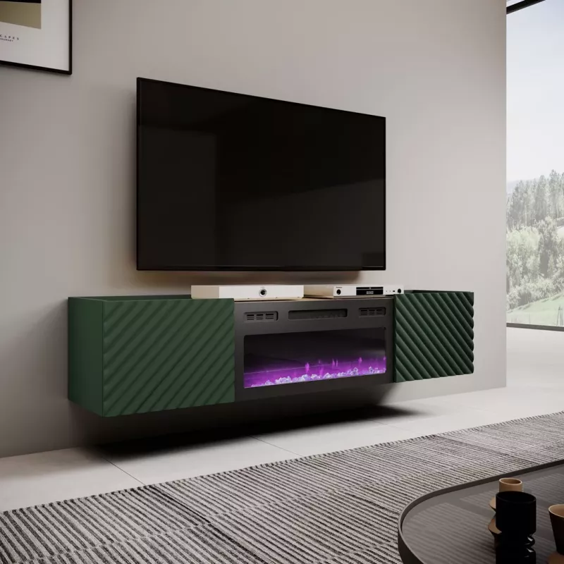Mueble TV con chimenea eléctrica Cama Meble ONDA 180,5×40×58,0 cm, aglomerado, verde, de pie o para montaje en pared