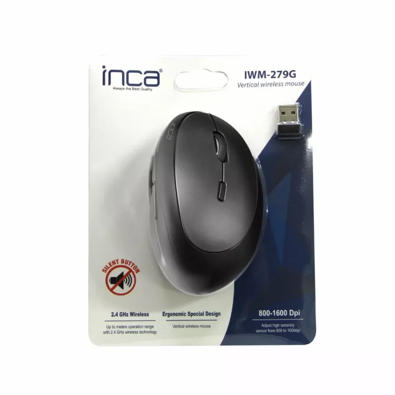 Ratón INCA IWM-279G Vertical, Inalámbrico, 1600 DPI, Gris retail