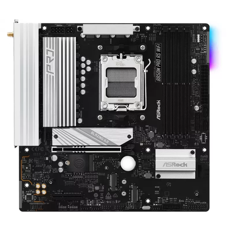 Placa base ASRock B850M Pro RS WiFi — AMD B850, socket AM5, microATX, DDR5, 4 DIMM, 256GB, Wi-Fi 6E, 2.5Gb LAN, 3x M.2