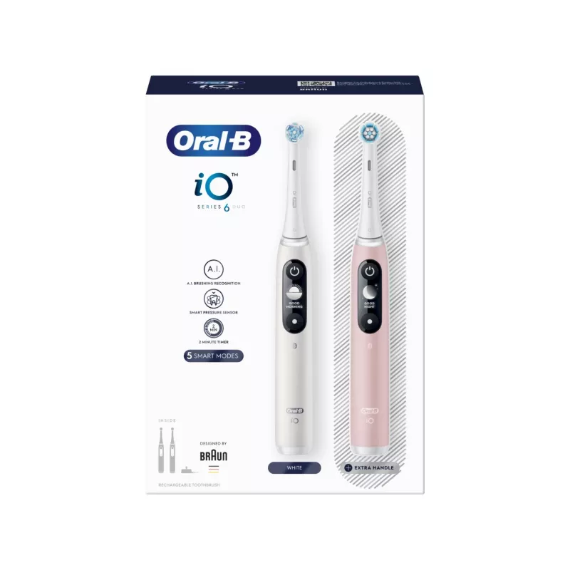 Braun Oral-B iO Series 6 Duo Cepillo de dientes eléctrico pack de 2 Blanco/Rosa