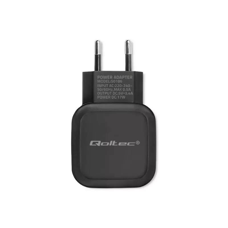 Cargador de interior AC QOLTEC 50186 para smartphone y tablet, 5 V 3.4 A, 17 W, 2× USB, negro