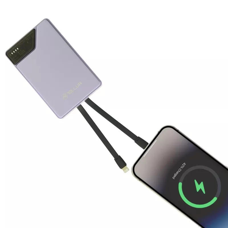 Batería portátil Tellur TLL158441, 10000 mAh, cables USB-C y Lightning integrados, violeta