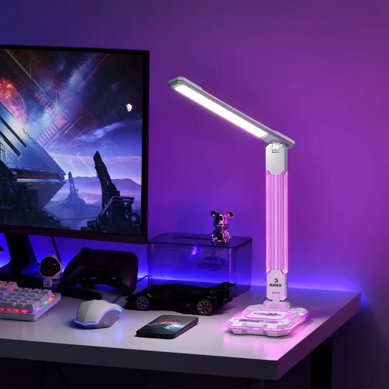 Lámpara de mesa Hawk HW-LAMP04 blanca LED ajustable, superficie blanca, cabezal y brazo ajustables