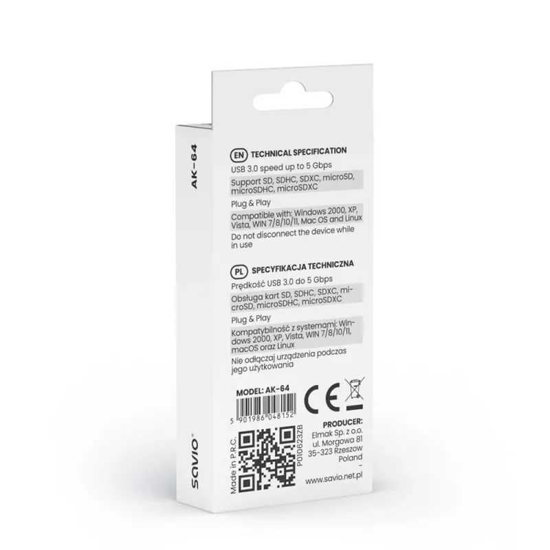 Lector de tarjetas SAVIO AK-64 salida USB 3.2 Gen 1 Type-A, ranura microSD, 5000 Mbit/s, negro