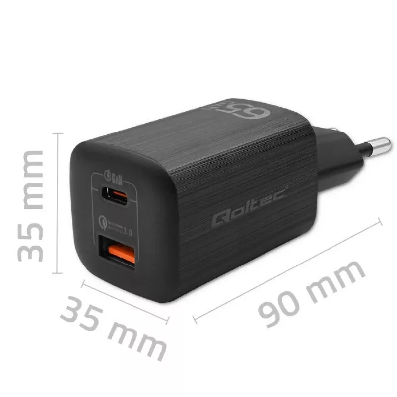 Qoltec 50766 cargador para dispositivos móviles portátil, consola portátil, batería externa, smartphone, smartwatch, tablet negro de carga rápida CA para interiores