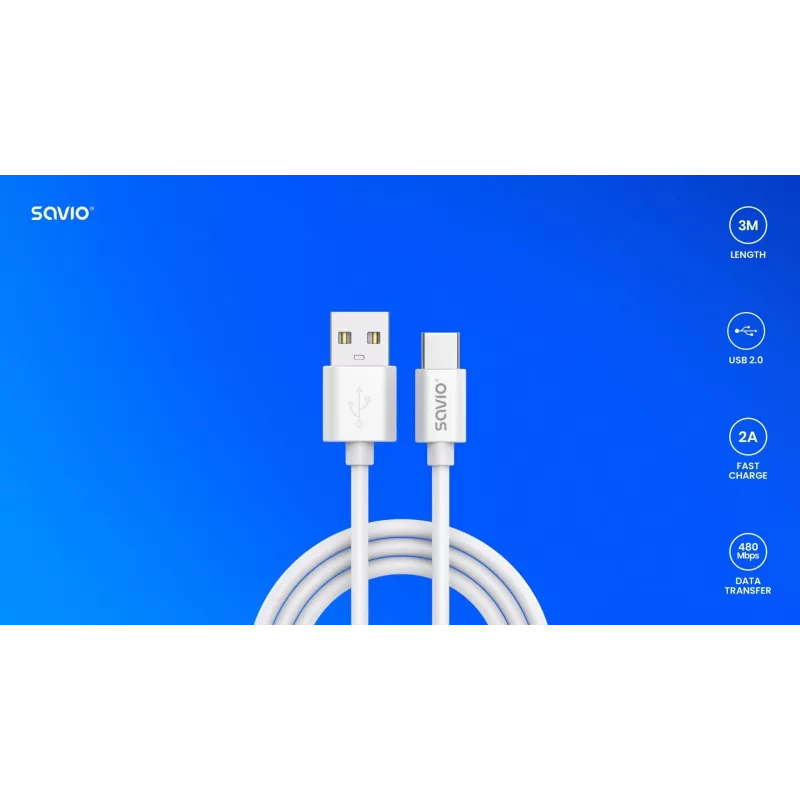 Cable USB 2.0 SAVIO CL-168, USB A (conector macho) a USB C (conector macho), 3 m, blanco