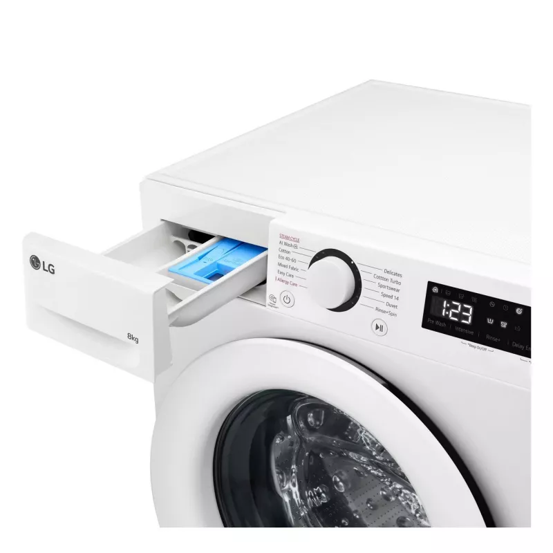 LG | Lavadora | F2WR508SWW | Clase de eficiencia energética A-10% | Carga frontal | Capacidad de lavado 8 kg | 1200 rpm | Profundidad 47,5 cm | Anchura 60 cm | Pantalla | LED | Función vapor