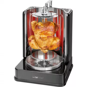 Multigrill eléctrico vertical CLATRONIC DVG 3686 — 1400 W, negro, asador giratorio y 6 brochetas