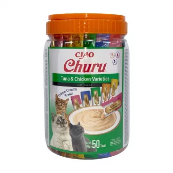 Snacks húmedos para gatos INABA Churu variedades — pollo y atún, 50 tubos de pasta de 14 g, sin cereales, sin gluten ni azúcar