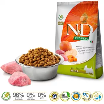 Pienso seco para perros Farmina N&D Pumpkin Adult Mini Boar & Apple – 7 kg, sin cereales, 30 % proteína, 18 % grasa, para perros pequeños adultos